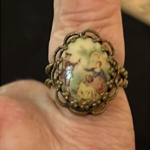 Vintage West Germany painted Cameo Ring adjustable